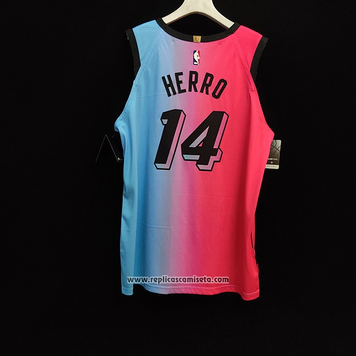 Camiseta Miami Heat Tyler Herro #14 Ciudad 2020-21 Autentico Azul Rosa